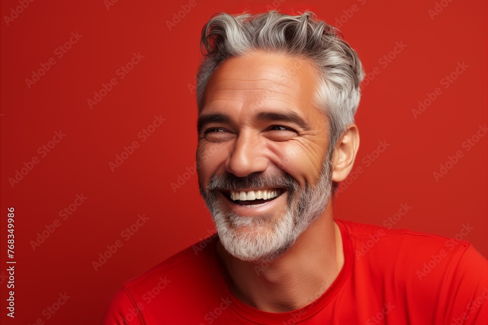 Portrait of a happy mature man on a red studio background. Portrait of a happy mature man on a red studio background.