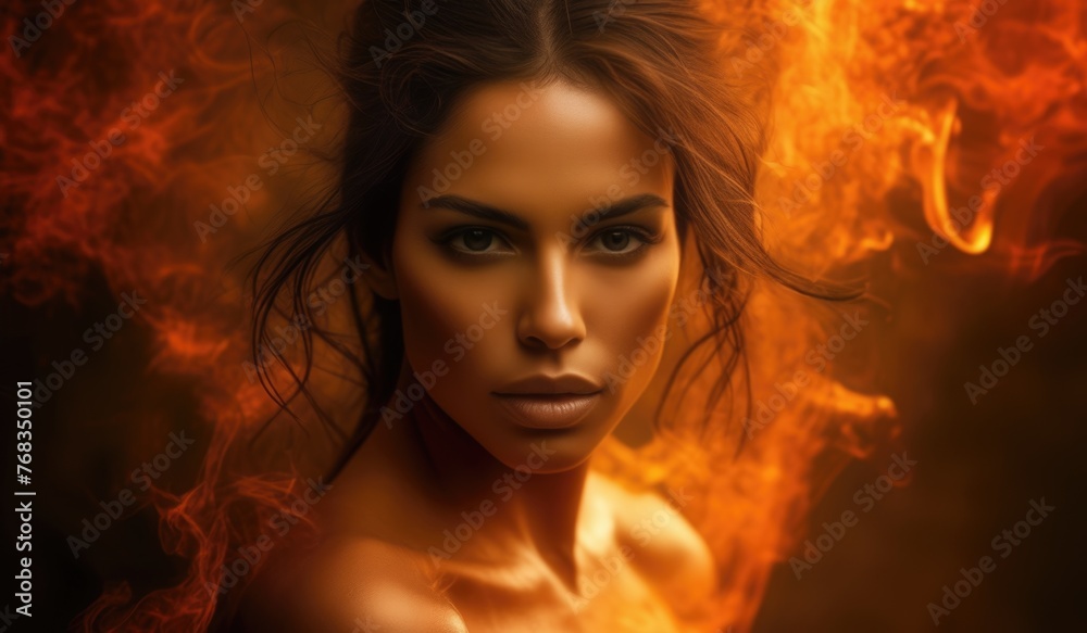 Beautiful woman on the background of flames. Generative AI
