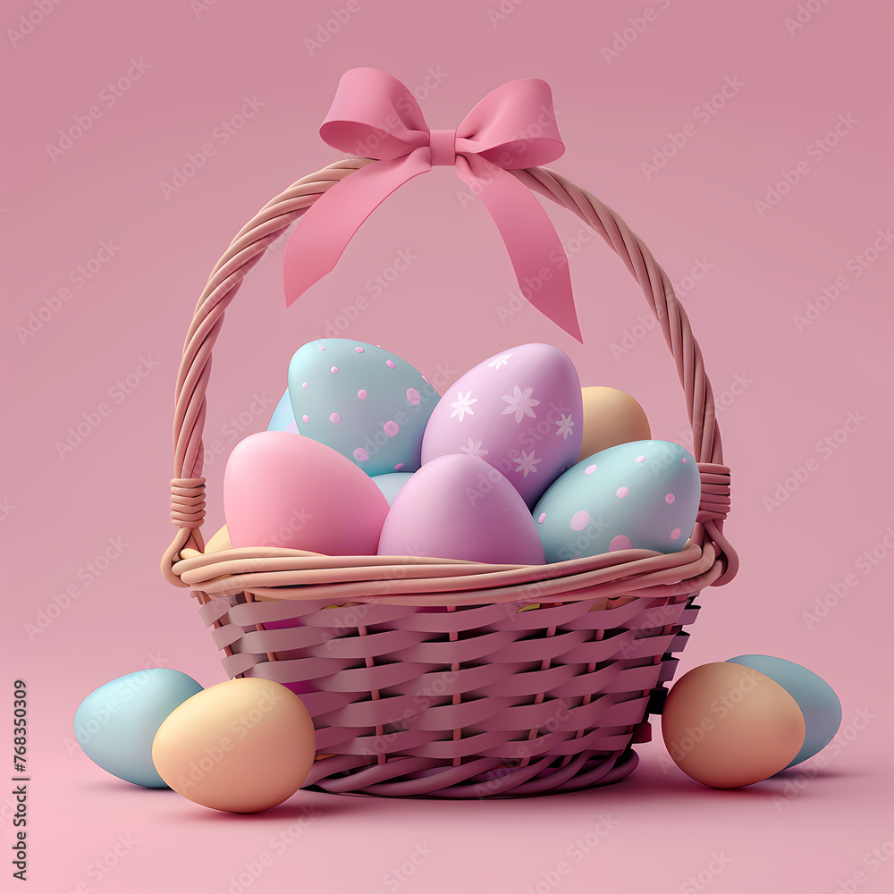 Colorful Easter eggs in woven basket isolated on pink background. Easter hunt or sweet present concept. Festive spring concept. Festive spring element for greeting card, banner, poster