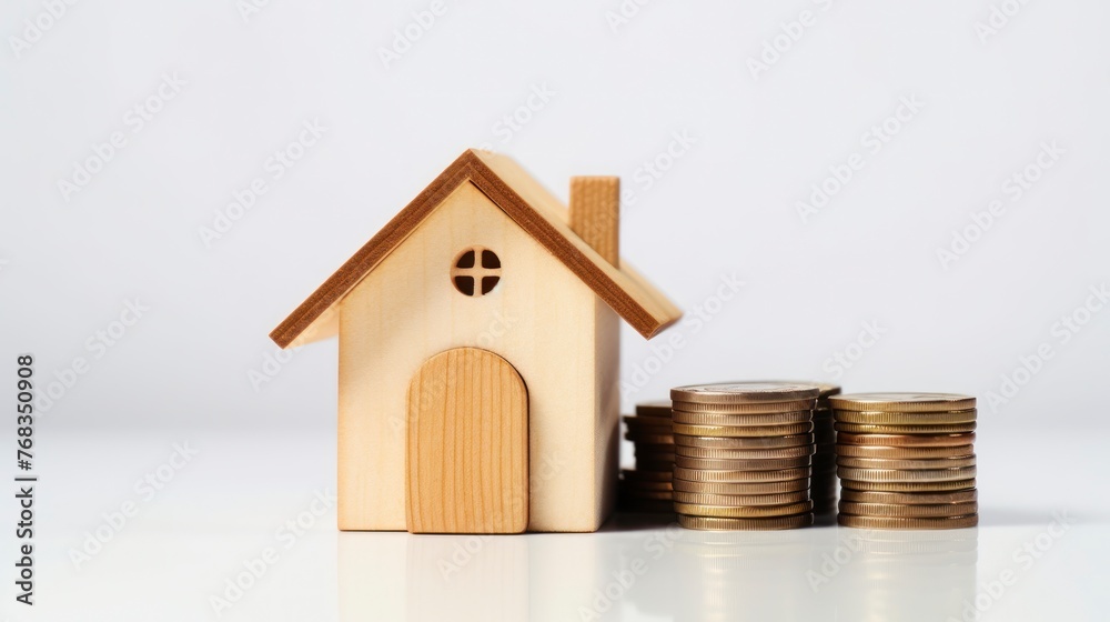 House model and coins on white background, saving money for buy a house concept House model and coins on white background, saving money for buy a house concept