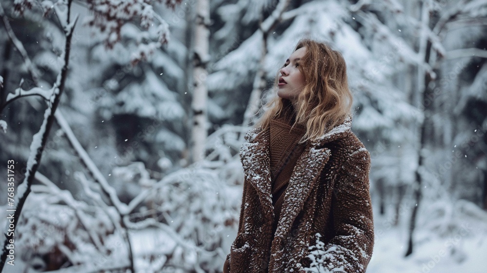 Winter fashion editorial with a model in luxurious coats amidst a snowy forest, capturing the contrast of warmth and cold low texture Winter fashion editorial with a model in luxurious coats amidst a snowy forest, capturing the contrast of warmth and cold low texture