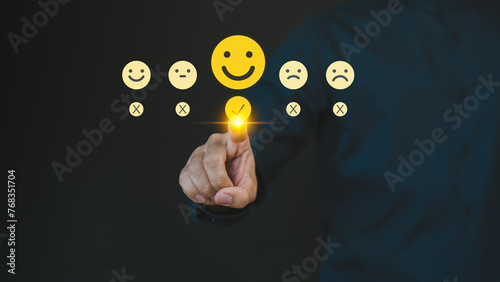 Engage with customer satisfaction through a virtual screen interface, where users can express contentment by selecting a happy smile face icon, emphasizing service excellence and feedback assessment.