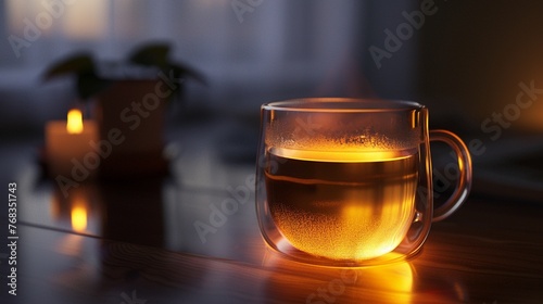 Warm tea in a translucent mug, backlit with a soft glow, comfort theme hyper realistic