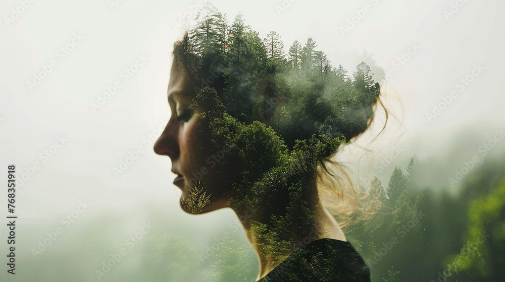 Portrait with a double exposure effect, blending the subject with a forest landscape, creating a dreamy, ethereal look hyper realistic