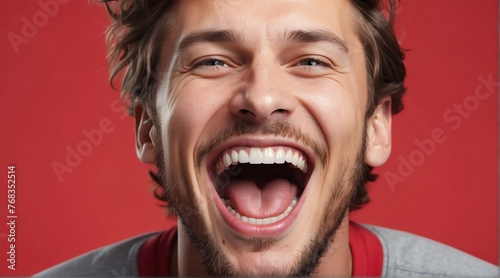 young caucasian man on plain bright red background laughing hysterically looking at camera background banner template ad marketing concept from Generative AI