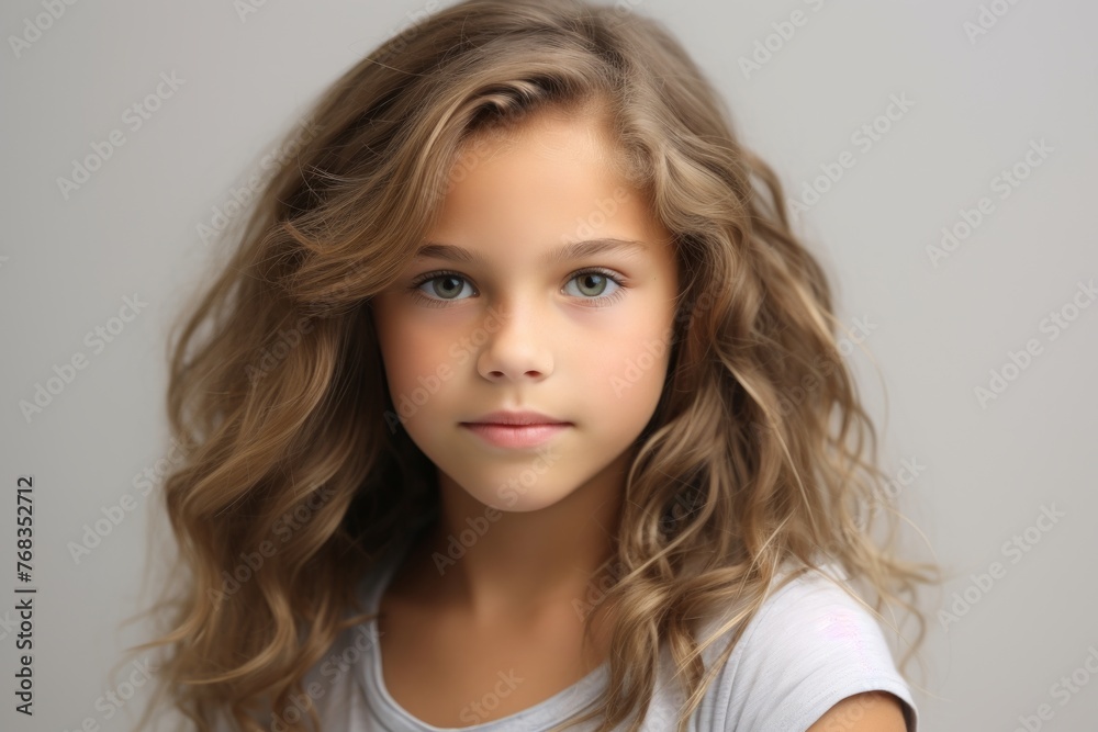 portrait of beautiful little girl with long curly hair over grey background portrait of beautiful little girl with long curly hair over grey background