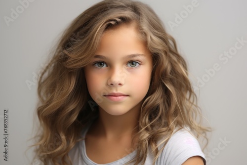 portrait of beautiful little girl with long curly hair over grey background