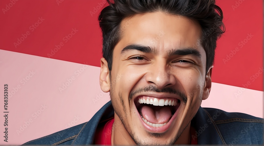 Naklejka premium young hispanic man on plain bright red background laughing hysterically looking at camera background banner template ad marketing concept from Generative AI