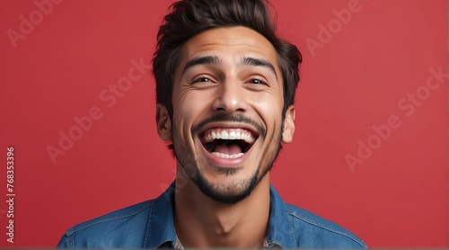 young italian man on plain bright red background laughing hysterically looking at camera background banner template ad marketing concept from Generative AI