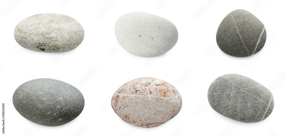 Sea pebbles. Different stones isolated on white, set - obrazy, fototapety, plakaty 