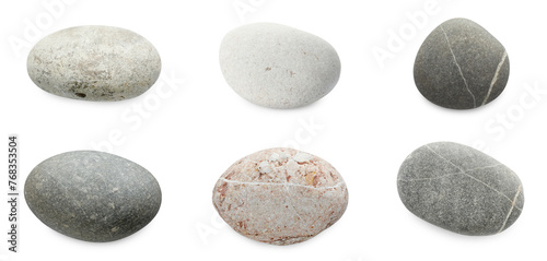 Sea pebbles. Different stones isolated on white, set