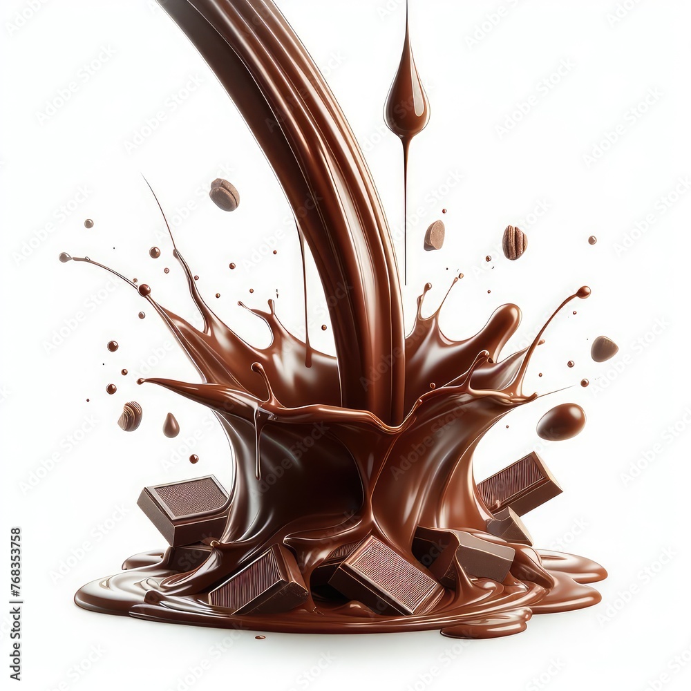 Fototapeta premium Close up on pouring chocolate dripping isolated on a white background