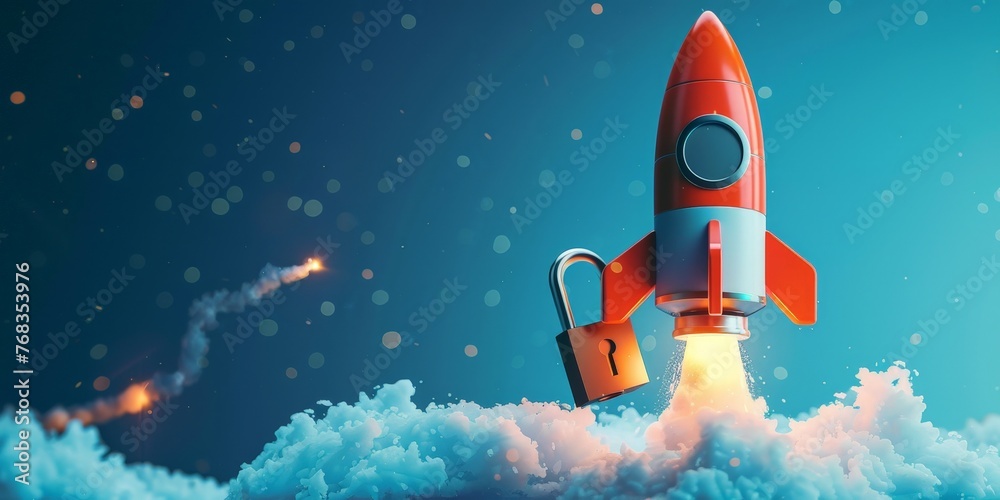 Rocket taking off and padlock on blue background, startup security concept