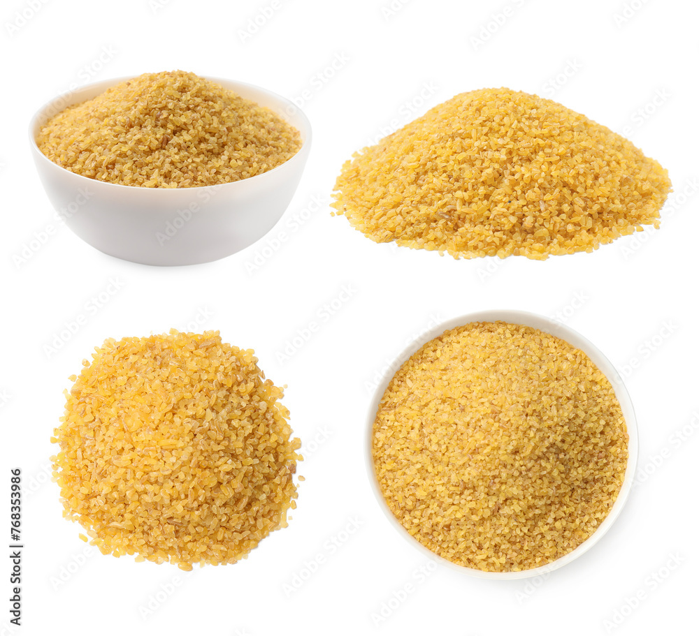 Set of raw bulgur isolated on white, top and side views Set of raw bulgur isolated on white, top and side views