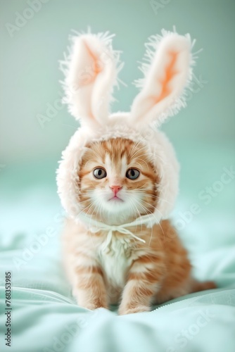 A cute smile kitten in a bunny head, sitting on a light mint plain background, wearing a hat with bunny ears, copy space