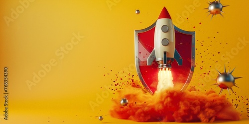 Rocket and red shield on yellow background  startup security concept