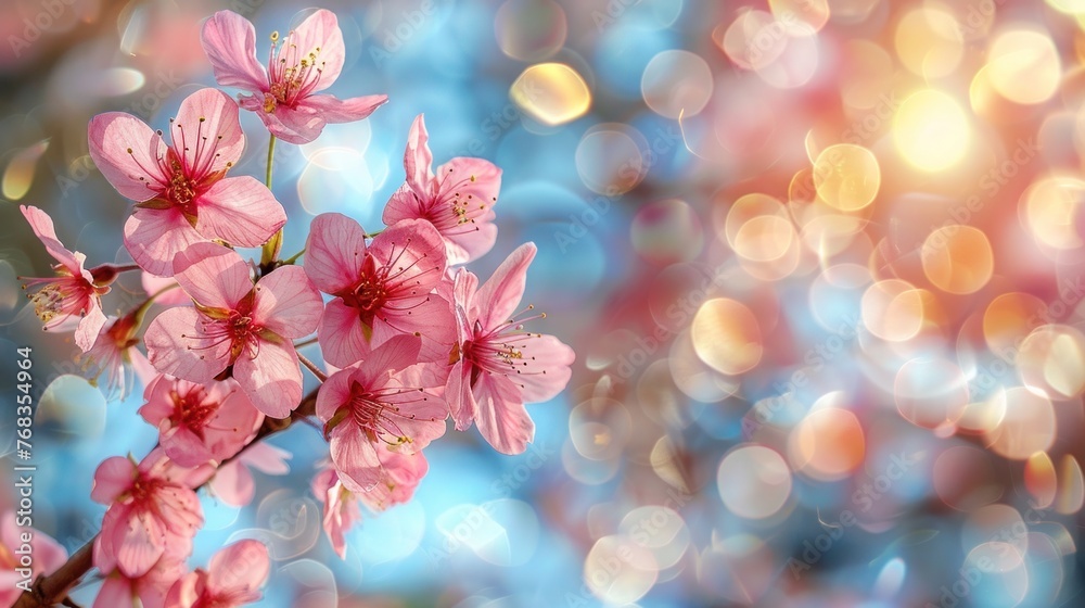 Spring Blossom: Pink Cherry Tree Flowers in Sunny Garden with Blue, Yellow & White Bokeh for Easter Banner