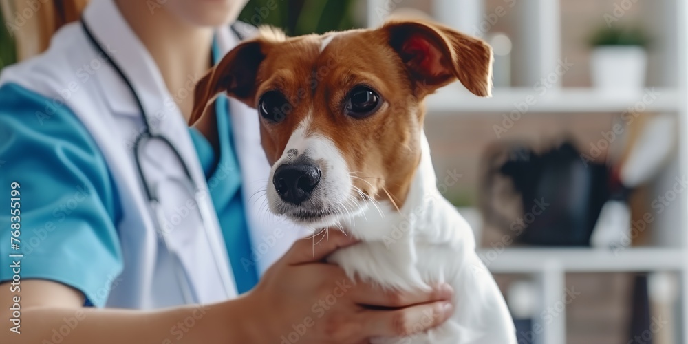 A woman is holding a dog in a veterinary clinic. The dog is brown and white. The woman is wearing a blue shirt and white pants A woman is holding a dog in a veterinary clinic. The dog is brown and white. The woman is wearing a blue shirt and white pants