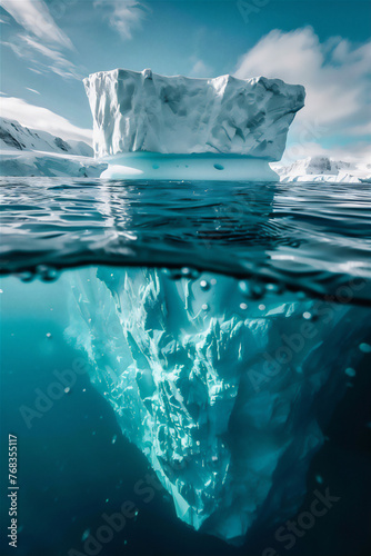 iceberg in the northern open sea in half under water view with giant bottom under water of blue sea © Maizal