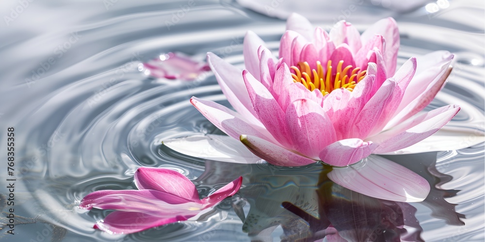 A pink flower is floating on the surface of a body of water