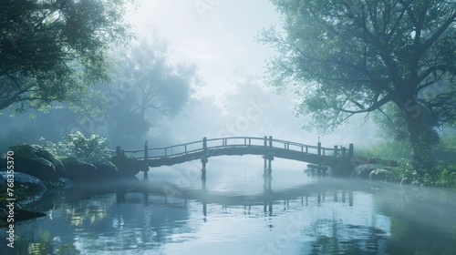 Misty River Crossing Through Lush Forested Landscape with Wooden Bridge and Serene Reflection