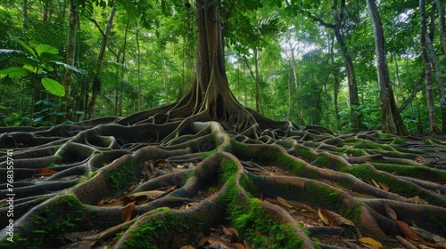 Massive Roots of an Ancient Tree in Lush Jungle Forest © hisilly