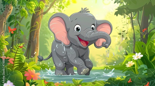 Cheerful Elephant Frolicking in Lush Jungle Pond