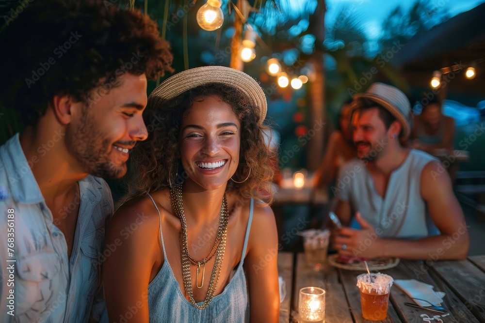 Happy young people sharing laughter with drinks at a tropical evening gathering Happy young people sharing laughter with drinks at a tropical evening gathering