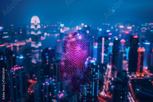Cityscape with a hand fingerprint symbolizing security and digital protection in a business technology setting. Concept Cityscape, Hand fingerprint, Security, Digital protection, Business technology photo