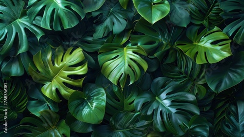 Tropical Monstera and Philodendron Leaves in Lush Forest Environment