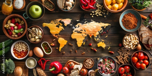 Table with a world map in the center and various foods around, concept of food from different countries