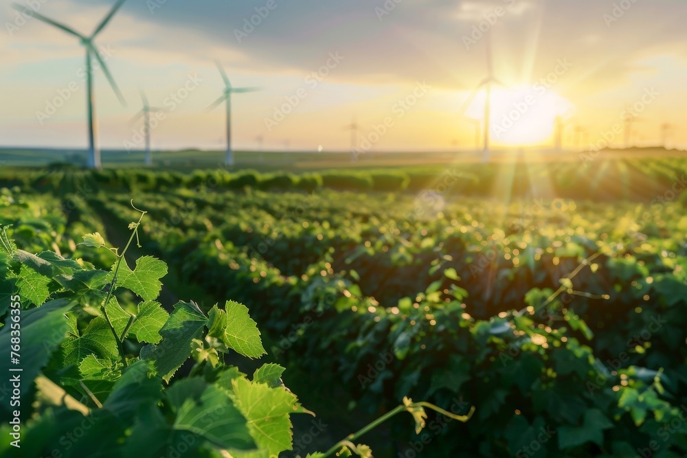 Fototapeta premium Field with green plantation and wind turbines at sunset, wind farm