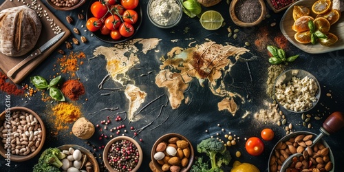 Fototapeta Naklejka Na Ścianę i Meble -  Table with a world map in the center and various foods around, concept of food from different countries