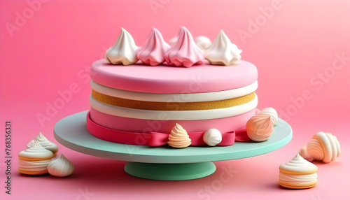 A pink and white fondant cake with meringue decorations on a cake stand