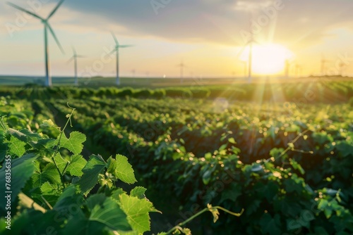 Field with green plantation and wind turbines at sunset, wind farm © Kaleb