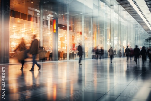 Abstract motion blurred shoppers, Blurred background of a modern shopping mall with some shoppers