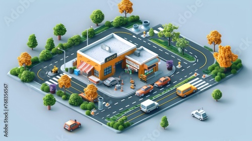 Vibrant Isometric Depiction of a Bustling Commercial Hub with Diverse Transportation Modes