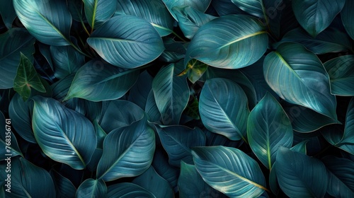 Tropical Green Abstract: Spathiphyllum Cannifolium Leaves in Dark Tone Garden Texture © hisilly