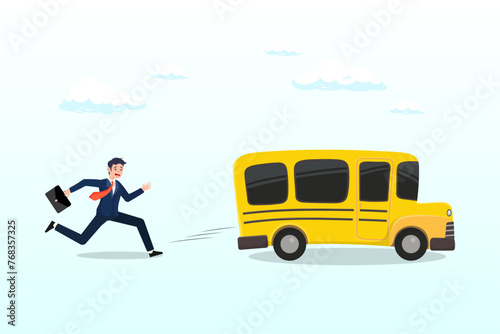 Frustrated businessman come late running to catch the run away bus, left behind, exclusion or forgotten employee, failure or mistake to come late and miss the bus, opportunity gone away (Vector)