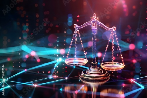 Digital Scales of Justice in a futuristic network background symbolizing fairness and equality in ethics. Concept Fairness and Equality, Scales of Justice, Ethics and Technology, Futuristic Network