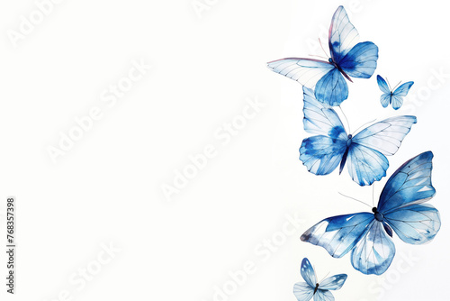 Blue butterflies on white background with copy space. Watercolor illustration