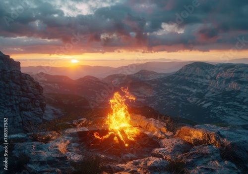 Campfire in mountains at sunset - A campfire burns brightly against a backdrop of mountains and sunset, conveying warmth and adventure