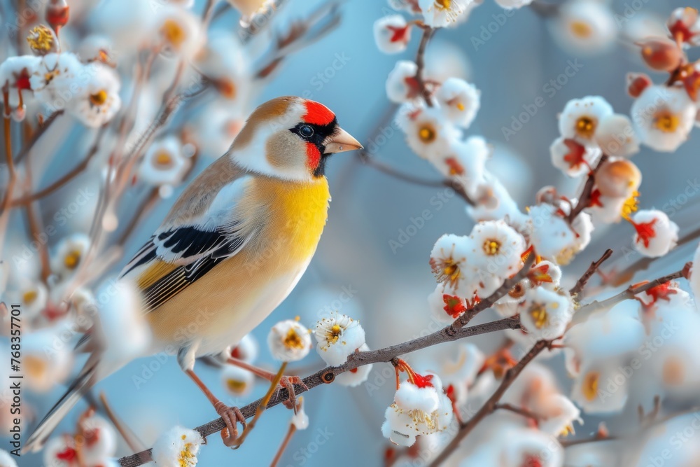 Goldfinch perching on flowering branches in bloom - A colorful goldfinch sits on blossoming branches, symbolizing the vibrancy of life and the arrival of spring Goldfinch perching on flowering branches in bloom - A colorful goldfinch sits on blossoming branches, symbolizing the vibrancy of life and the arrival of spring
