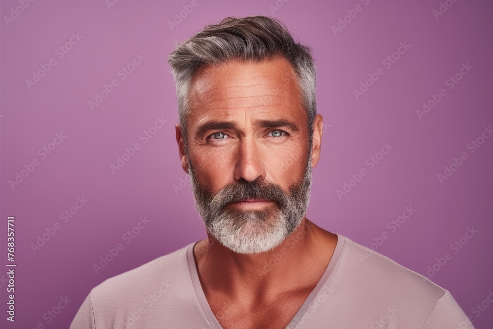 Portrait of handsome mature man with gray hair and beard. Isolated on purple background. Portrait of handsome mature man with gray hair and beard. Isolated on purple background.