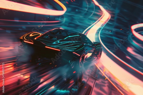 Futuristic car speeding on a neon cyber track - An electrifying image of a futuristic car speeding along a digitalized, neon-lit track against a vibrant backdrop