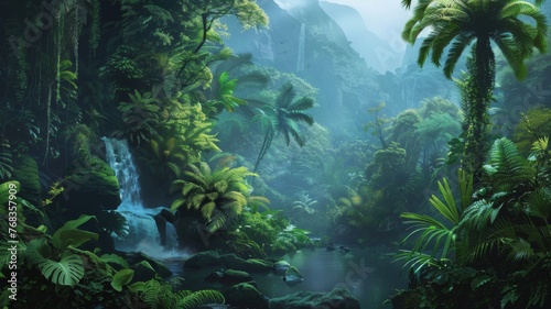 Tropical forest with lush waterfall - A serene and mysterious tropical forest scene with a cascading waterfall surrounded by rich green foliage