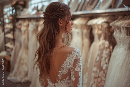 A beautiful bride trying on a delicate lace wedding gown surrounded by other dresses in a bridal shop photo