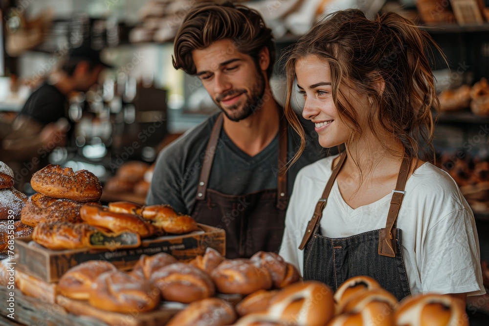 A male and a female bakery staff member stands happily by a display of fresh bread and pastries