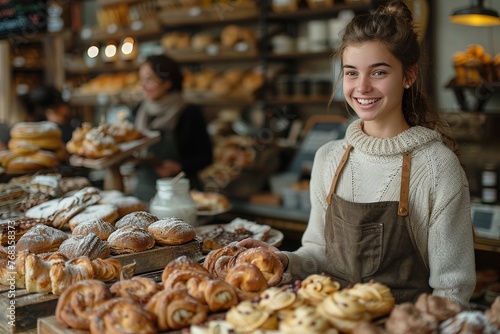 A young female bakery assistant stands with a charismatic smile in front of an array of bread