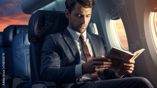 Portrait of modern successful businessman reading book while flying by first class plane at night, copy space